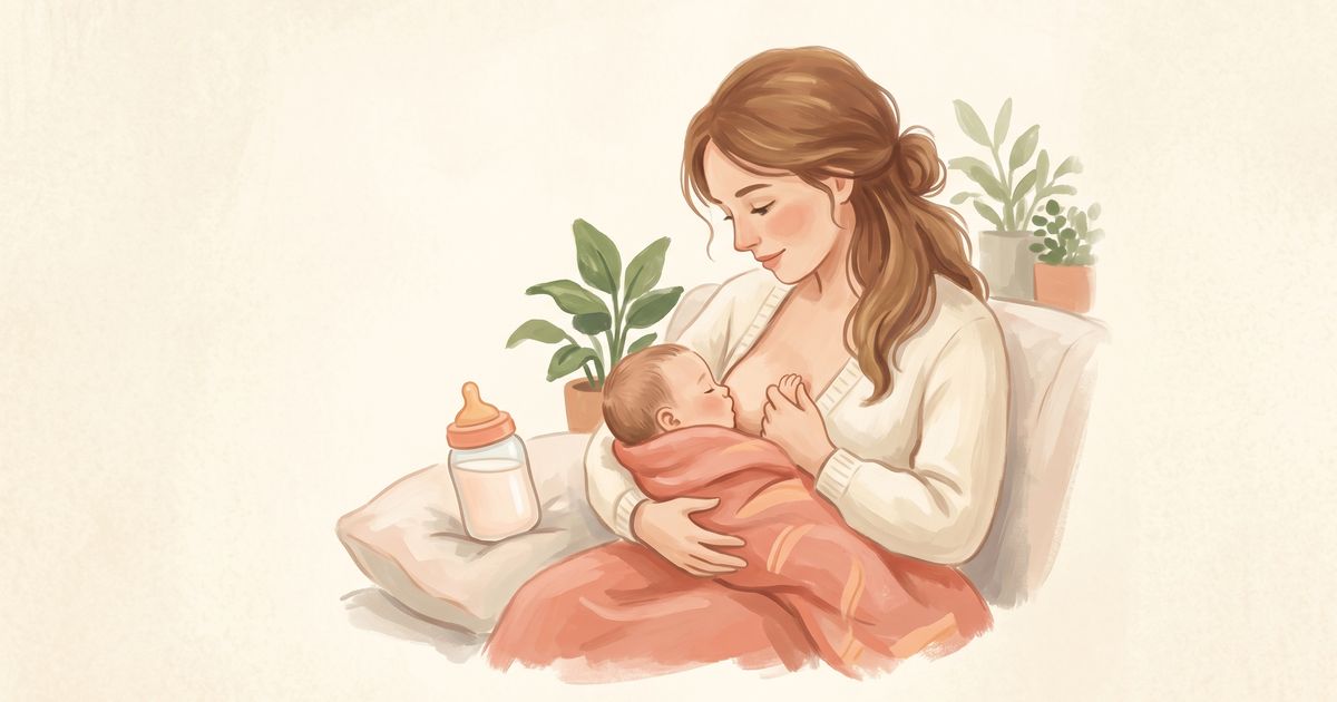 Editorial portrait illustration for the Wermom App guide on increasing breast milk supply naturally — calm morning nursing light, warm cream and peach palette.