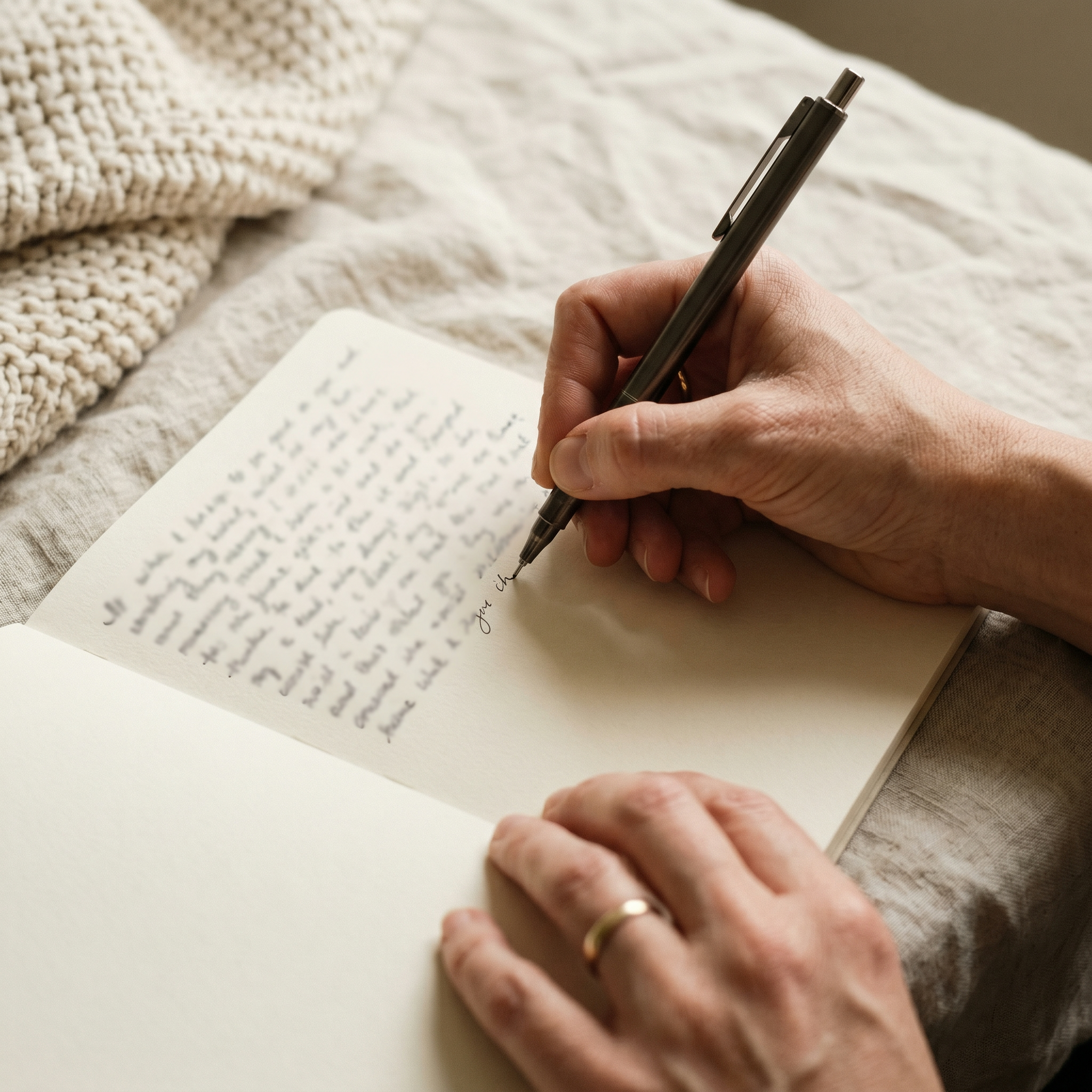 A bassinet beside a softly lit bed at dawn — the cream linen rumpled, an alarm clock reading 5:12, the picture of a mother counting the longest stretch.